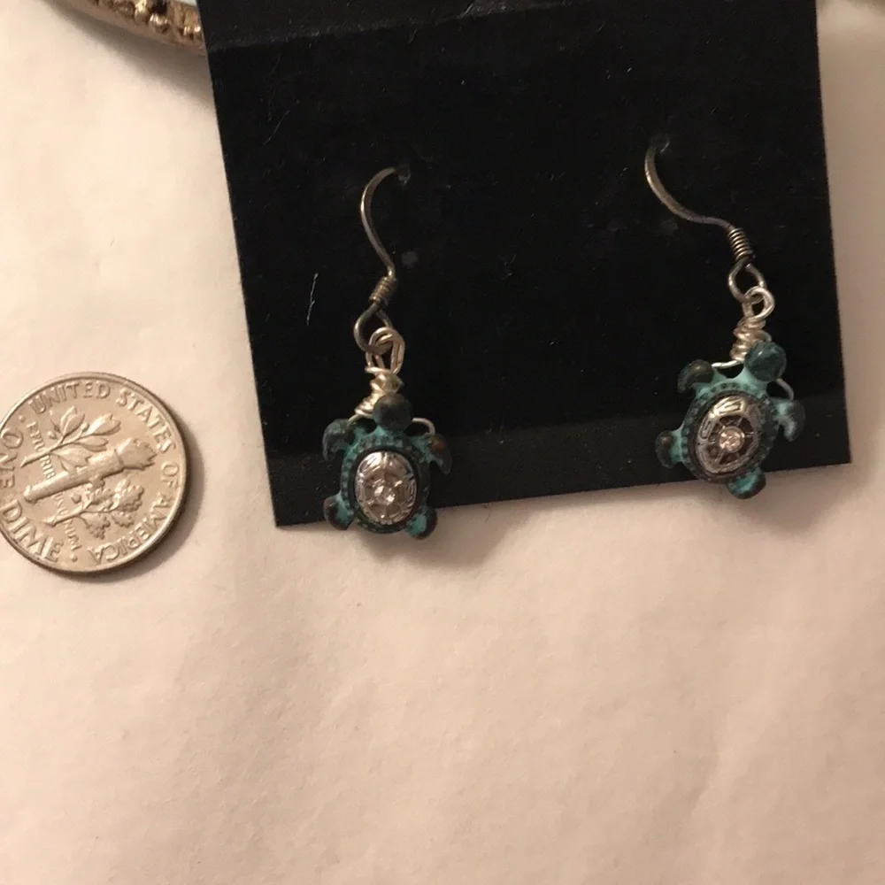 𝅺turtle earrings, hand crafted, sterling hooks, tiny green turtles.